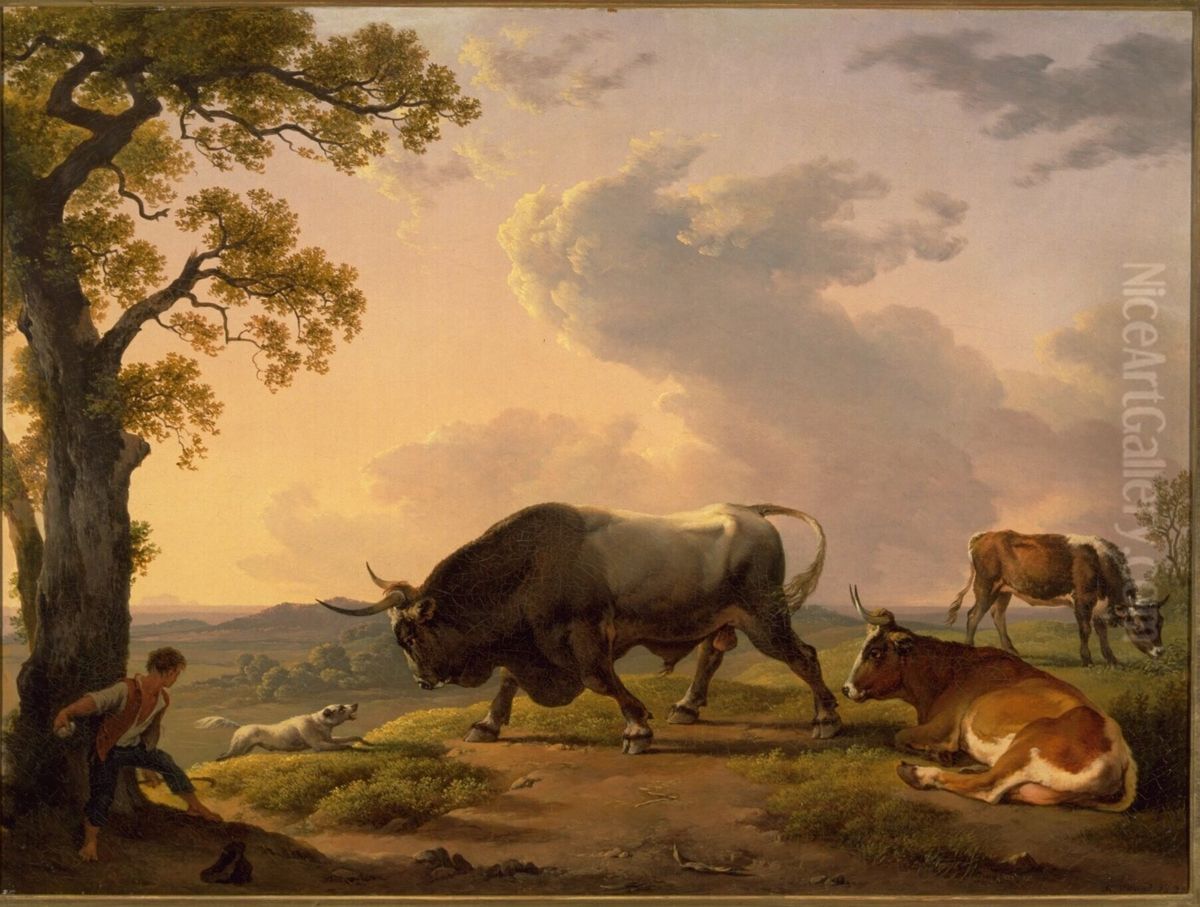 Een stier aangevallen door een hond in een Italiaans landschap Oil Painting by Hendrik Voogd