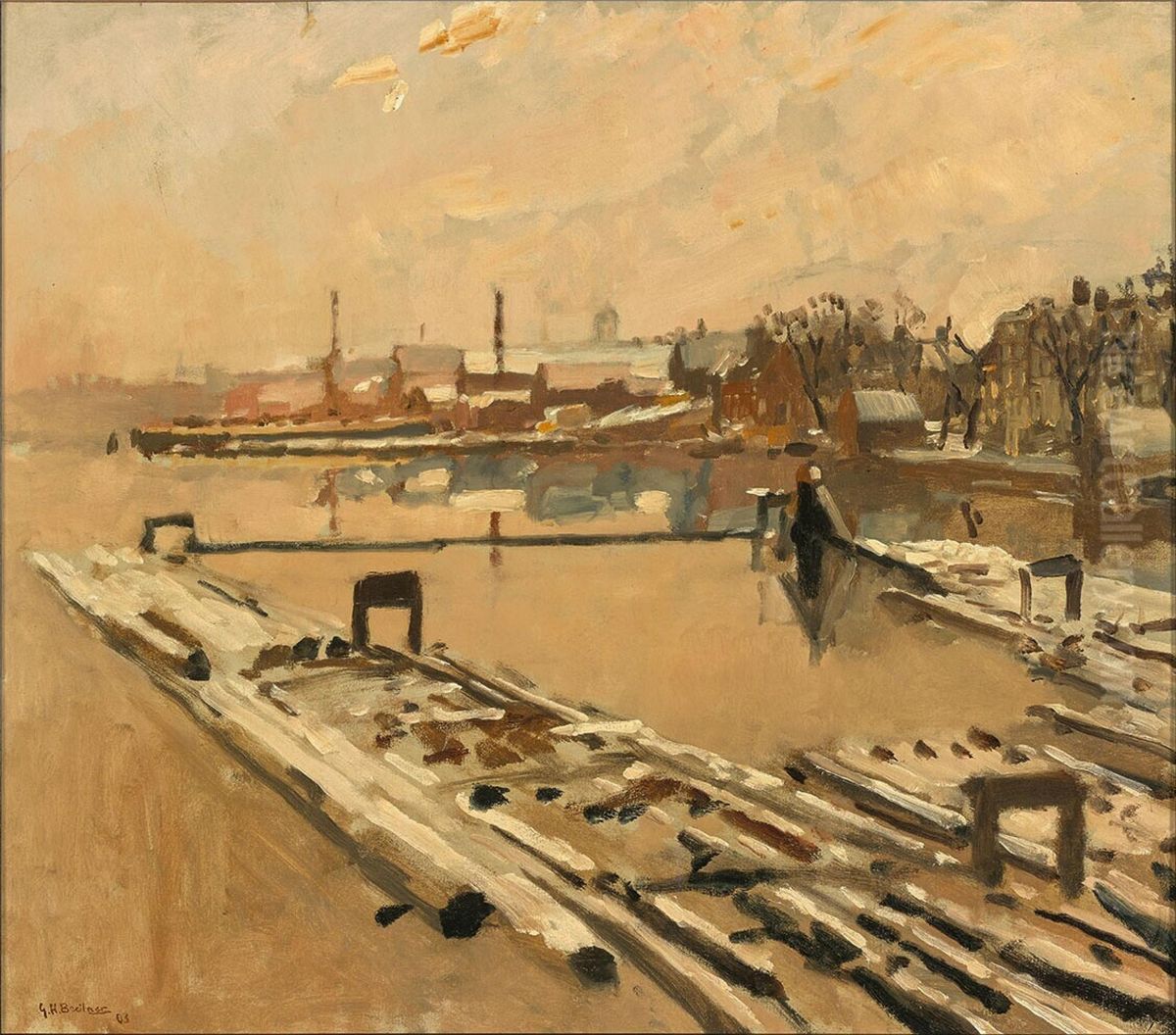 Houtvlotten in de sneeuw bij de Zandhoek Oil Painting by George Hendrik Breitner