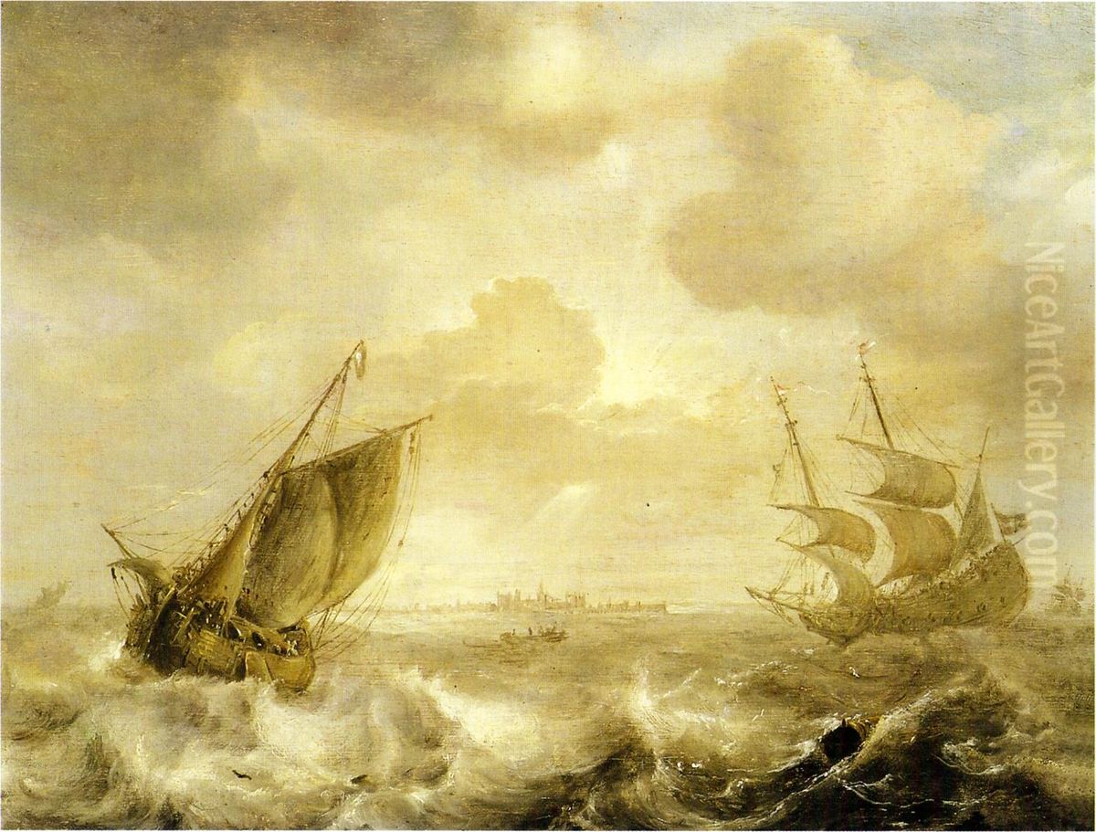Shipping on choppy waters off the coast; a town in the distance Oil Painting by Jan Peeters the Elder