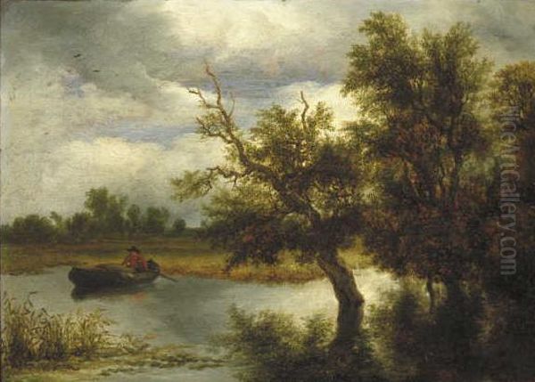 Bomen aan een plas met roeiboot Oil Painting by Jacob Van Ruisdael