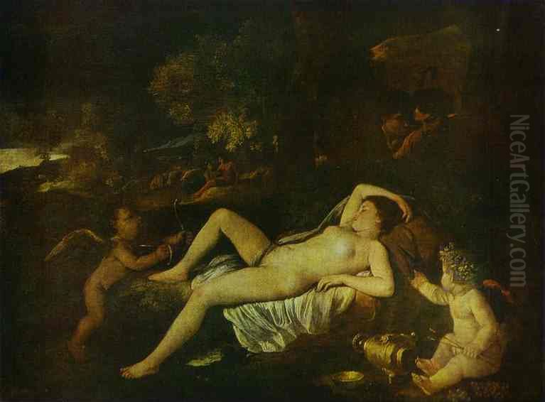 Venus dormant avec l'AmourouVenus epiee par des bergers Oil Painting by Nicolas Poussin