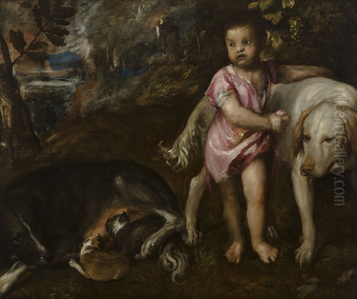 Boy with Dogs in a Landscape Oil Painting by Titian