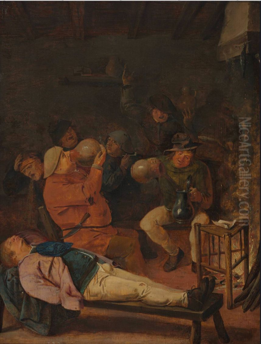 Herbergscene met zuipende, brakende en dronken boeren Oil Painting by Adriaen Brouwer