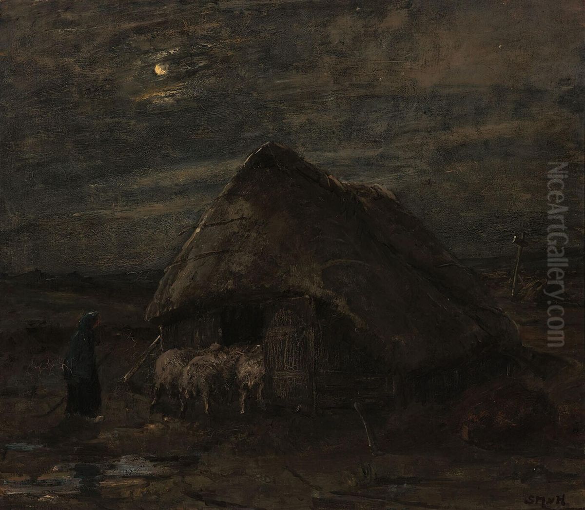 Heath with a Sheep-Fold in Moonlight Oil Painting by Sina Mesdag-van Houten