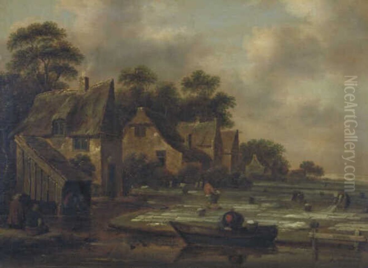 Dorpsgezicht met een bleekveld Oil Painting by Nicolaes Molenaer