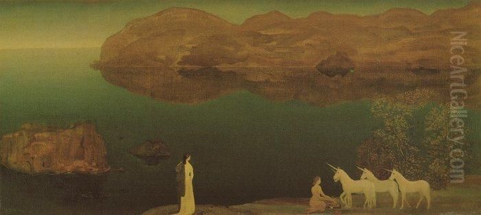 Unicorns (Legend-Sea Calm) Oil Painting by Arthur Bowen Davies