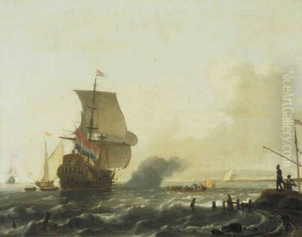 Een Hollands oorlogsschip voor een kust; rechtsvoor kijken drie mensen uit over het water Oil Painting by Ludolf Bakhuizen
