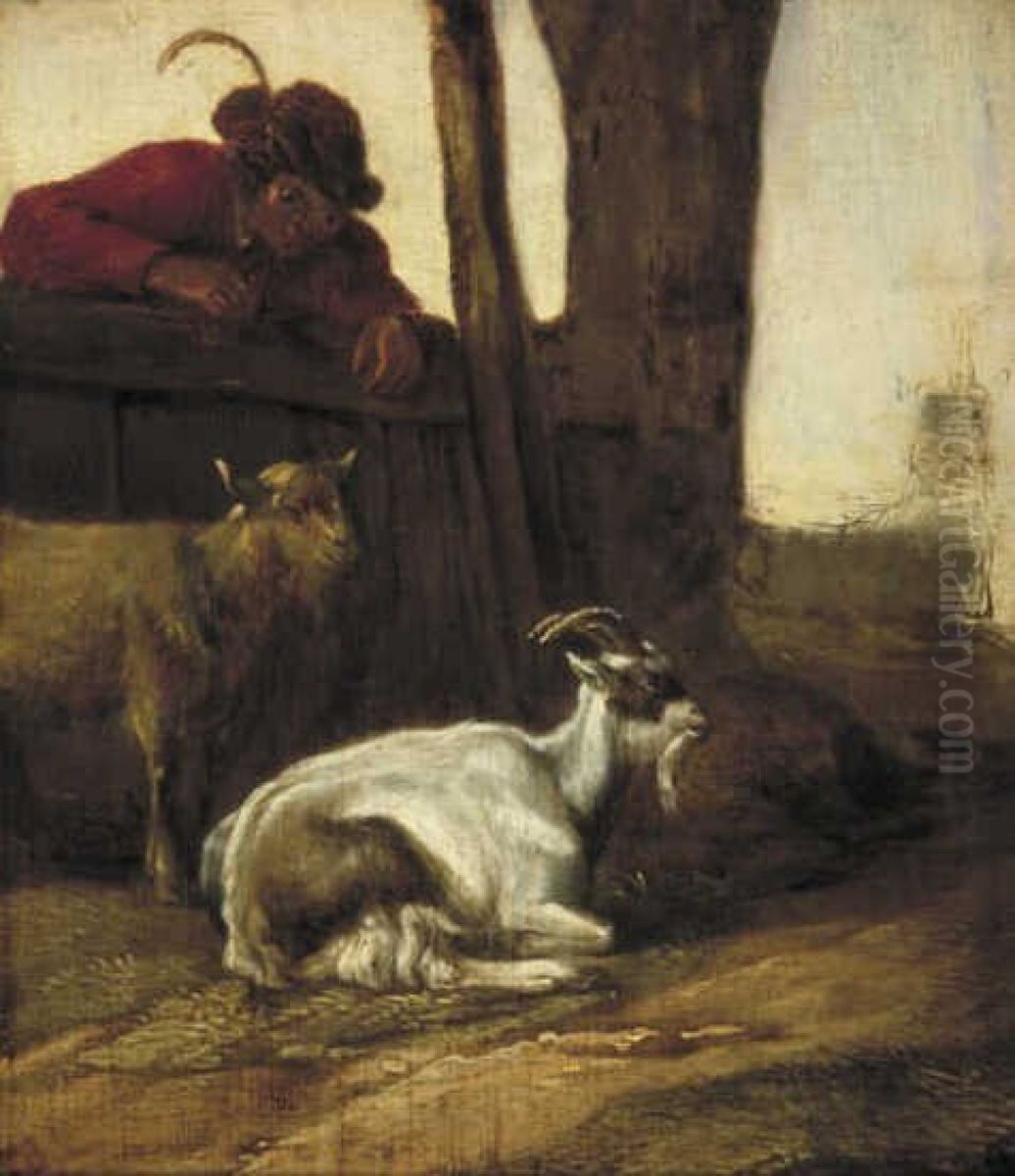 Jongen die naar een geit en een bok kijkt Oil Painting by Cornelis Saftleven