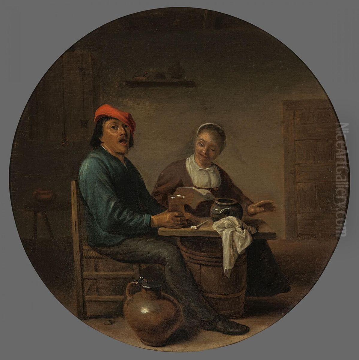 Interieur met zingende boer en boerin Oil Painting by Hendrik Martenszoon Sorgh