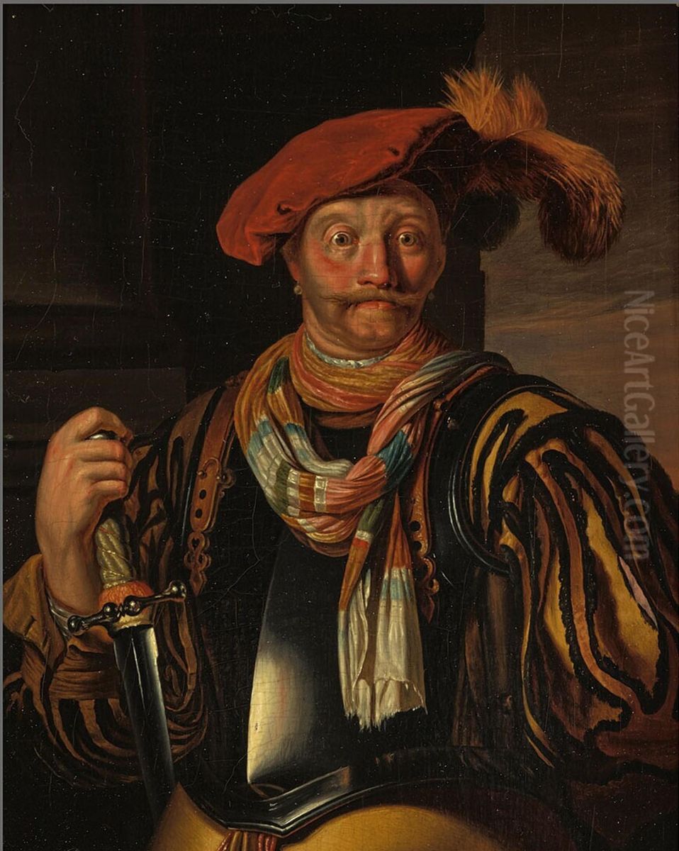 Staande krijgsman, in de rechterhand een zwaard Oil Painting by Frans van Mieris