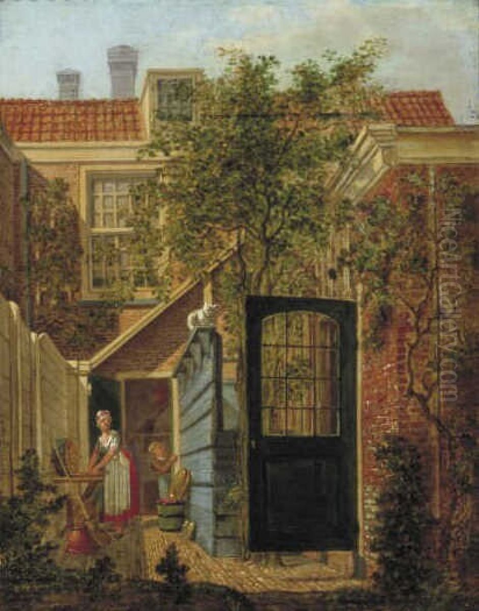 Binnenplaats met een vrouw en een kind Oil Painting by Johannes Jelgerhuis