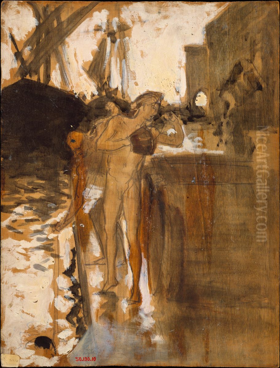 The Balcony, Spain [and] Two Nude Bathers Standing on a Wharf Oil Painting by John Singer Sargent