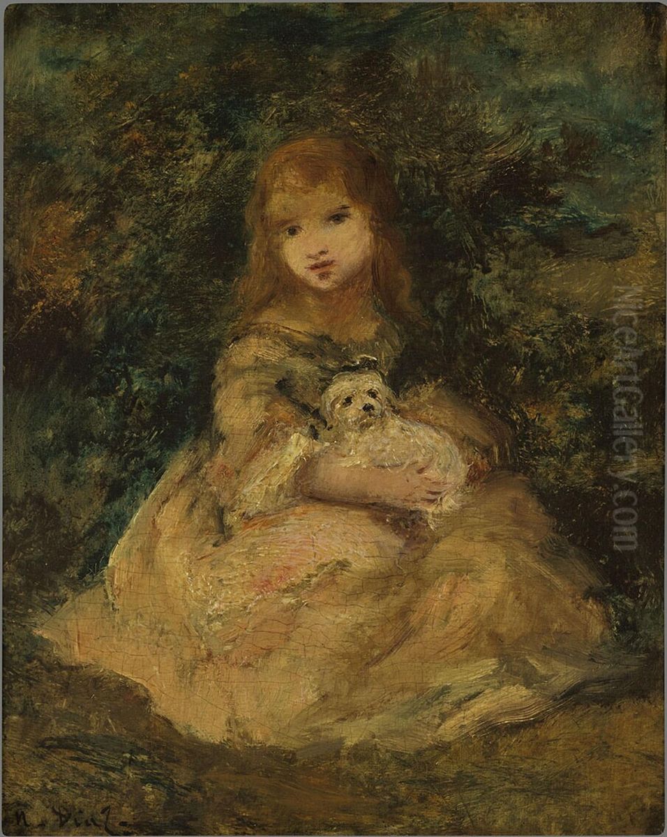 Girl with a dog in her lap Oil Painting by Narcisse Virgilio Diaz