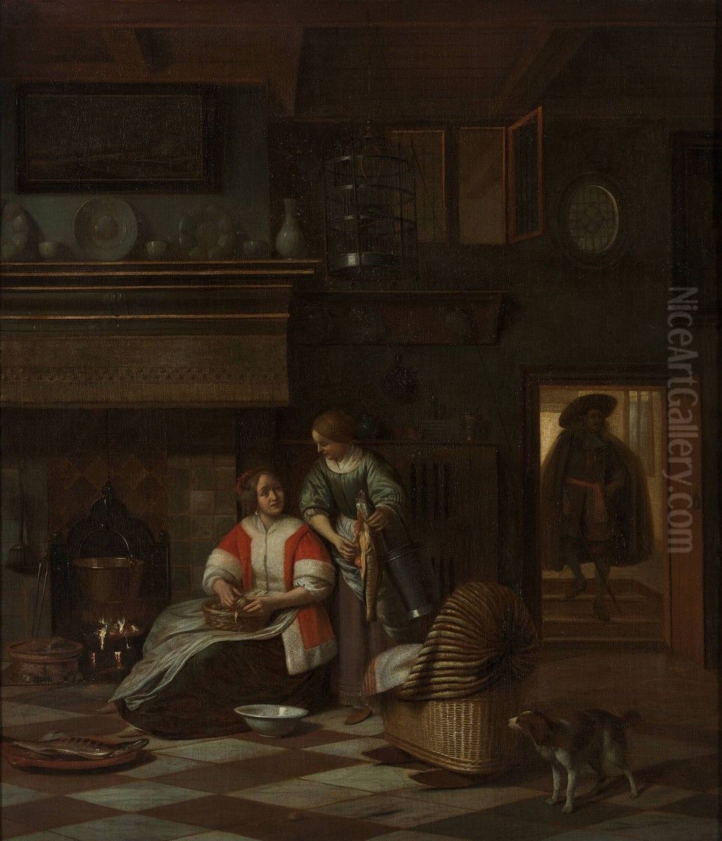 Kitchen interior with a woman and a maid preparing food Oil Painting by Pieter De Hooch