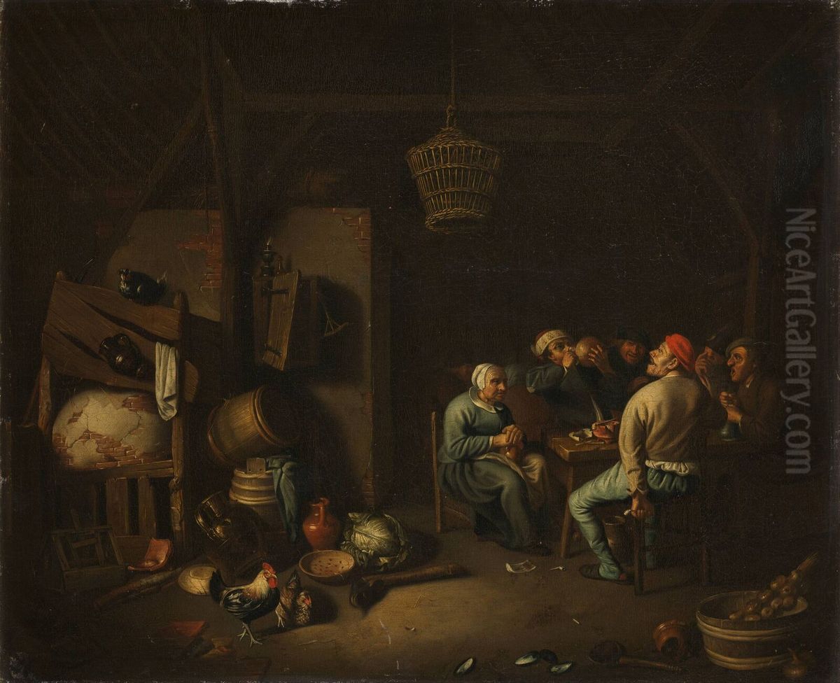 Interior of a barn with a company at table (twelfth night) Oil Painting by Pieter de Bloot
