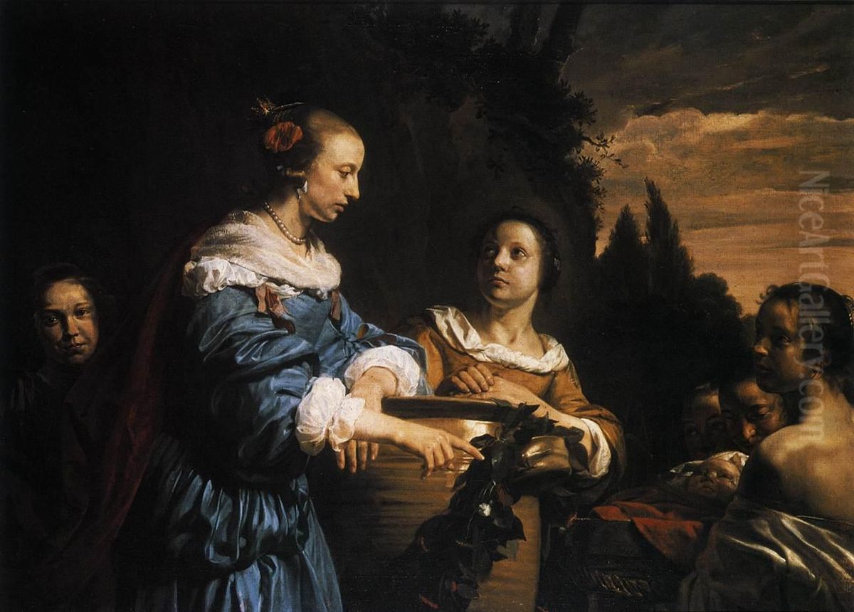 Group portrait of a mother with children, depicted as pharaoh's daughter with Moses in the reed basket Oil Painting by Jan De Bray