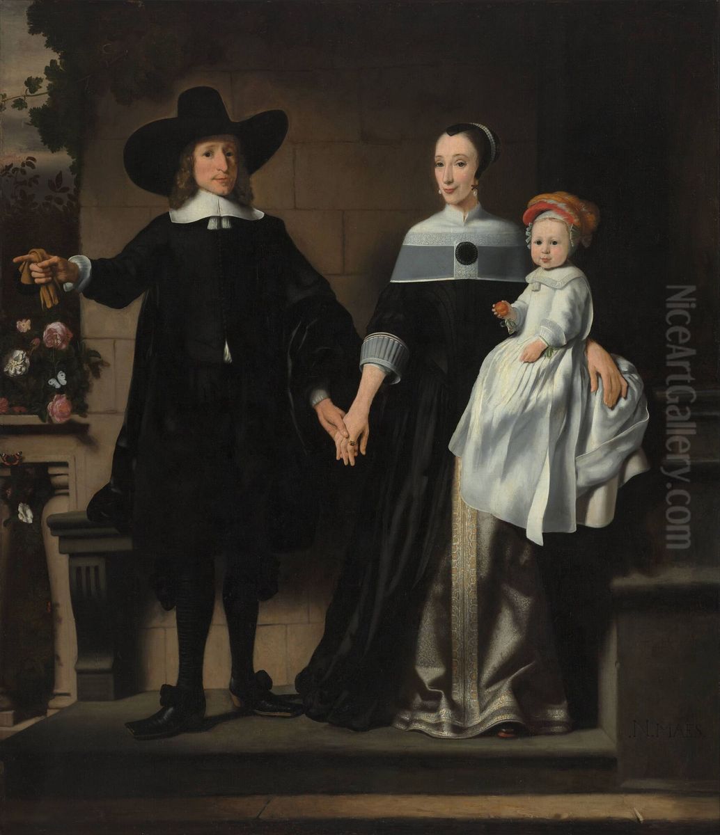 Portrait of a Married Couple with a Child Oil Painting by Nicolaes Maes