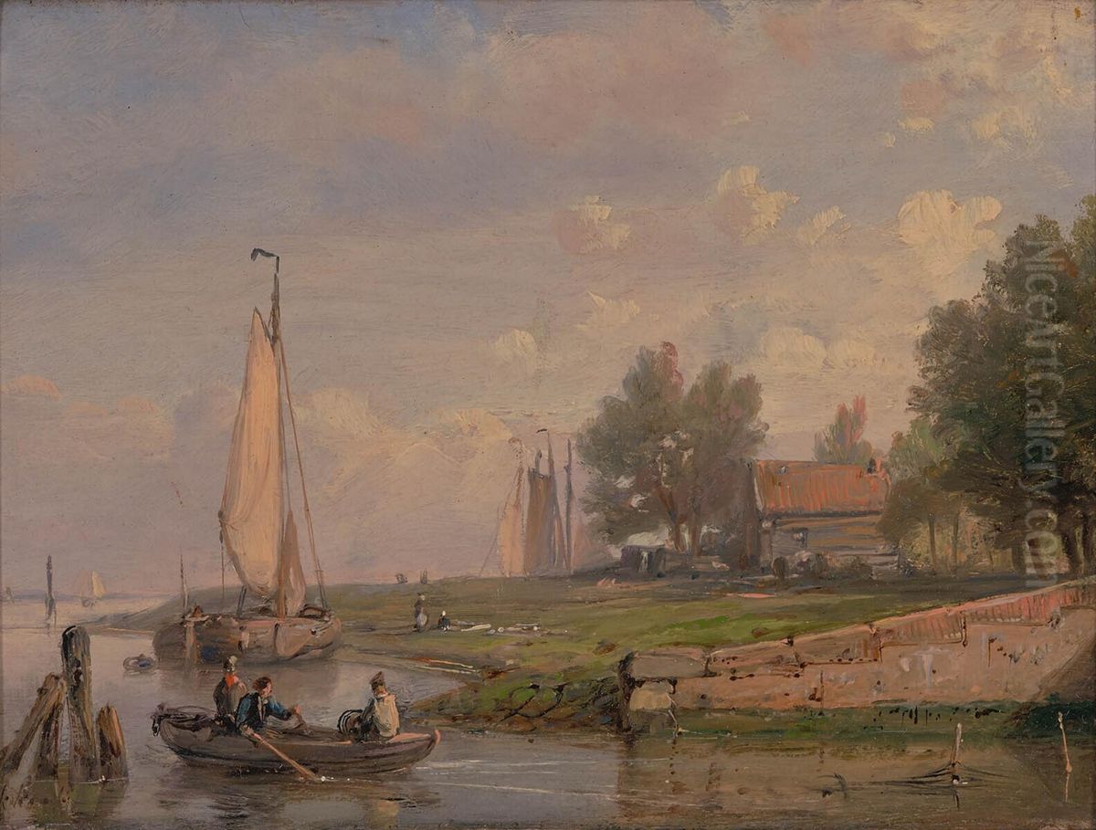 Riviergezicht met roeibootje Oil Painting by Hermanus Koekkoek