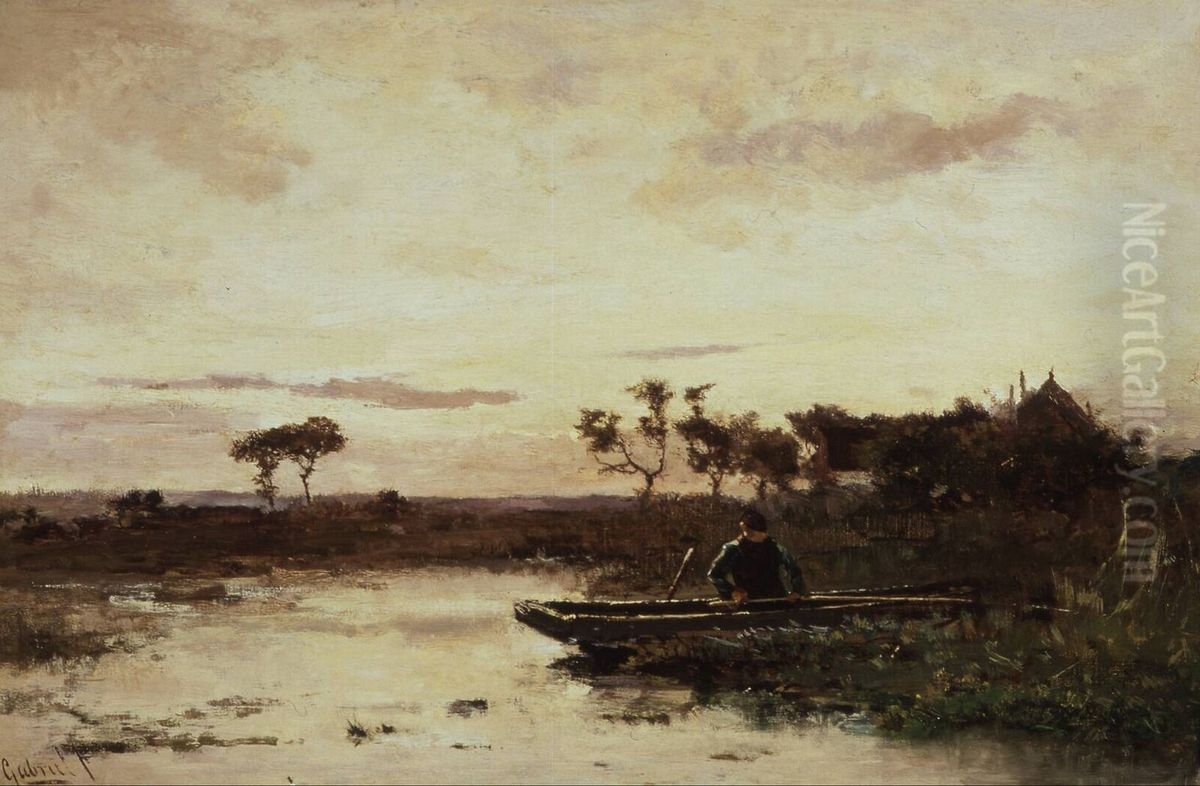 Polderlandscape with fisherman Oil Painting by Paul Joseph Constantine Gabriel