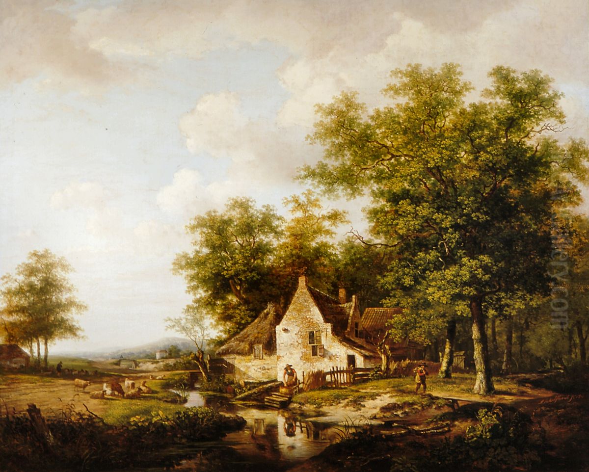 Landschap met rechts een boerderij tussen hoge bomen Oil Painting by Andreas Schelfhout