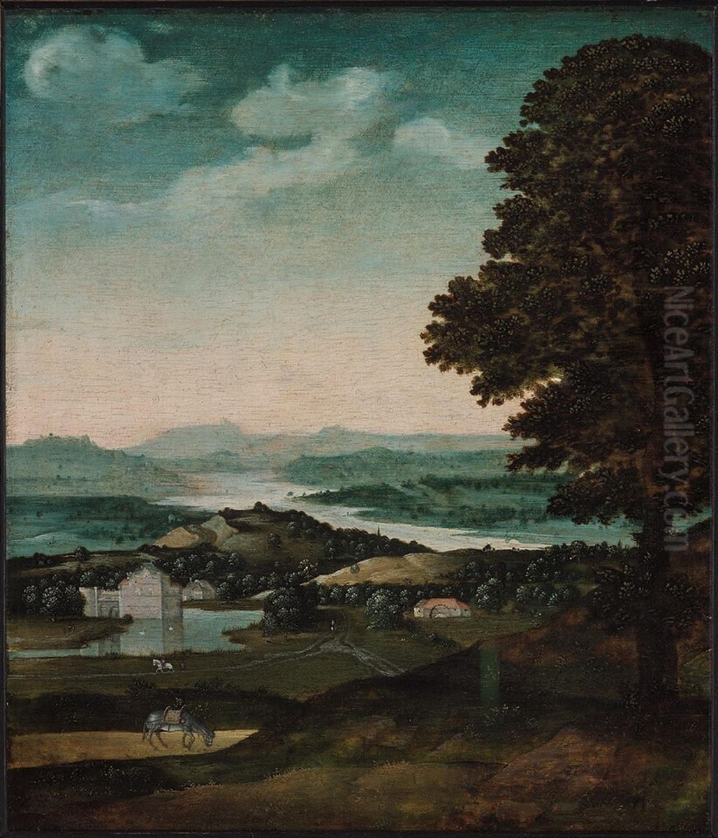 Panoramisch landschap met grazende ezel (fragment van een Rust op de vlucht naar Egypte) Oil Painting by Joachim Patinir