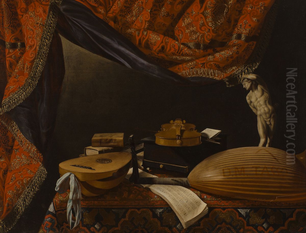 Still life with Musical Instruments, Books and Sculpture Oil Painting by Evaristo Baschenis