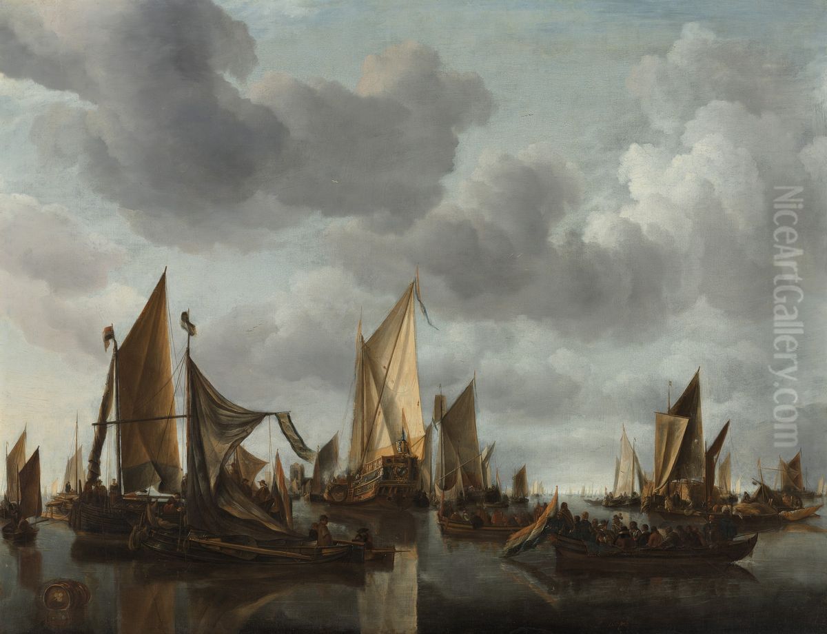 Kalme zee met zeilschepen Oil Painting by Jan Van De Cappelle