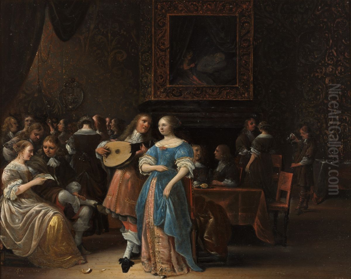 Interieur met voornaam gezelschap Oil Painting by Anthonie Palamedesz.