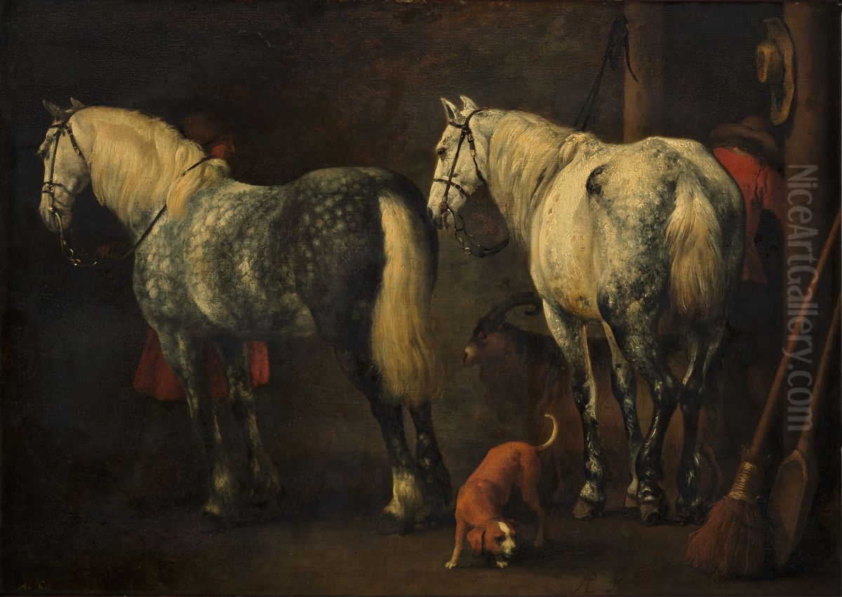 Interieur van een stal met twee appelschimmels Oil Painting by Abraham Van Calraet