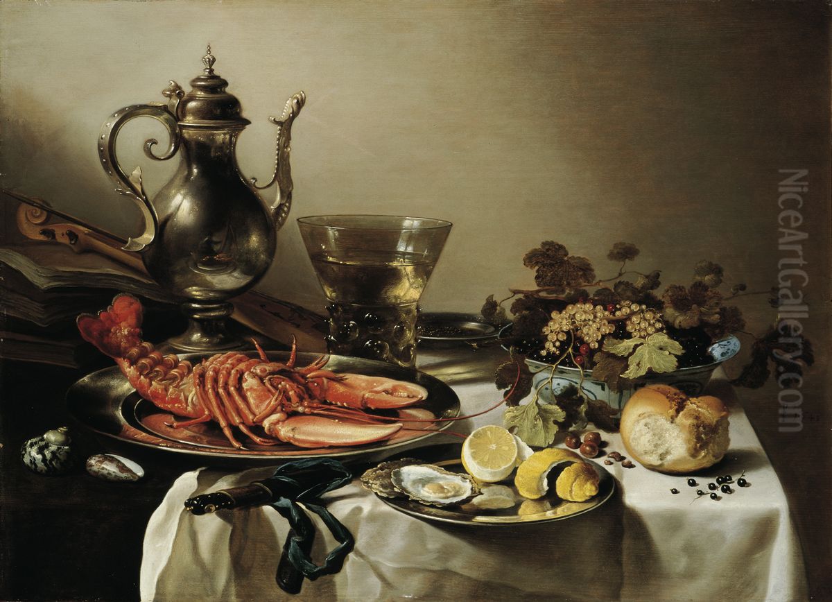Tafel mit Hummer, Silberkanne, grossem Berkemeyer, Fruchteschale, Violine und Buchern Oil Painting by Pieter Claesz
