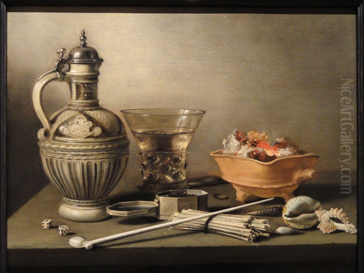 Stilleven met wijnkan, rookgerei en dobbelstenen Oil Painting by Pieter Claesz