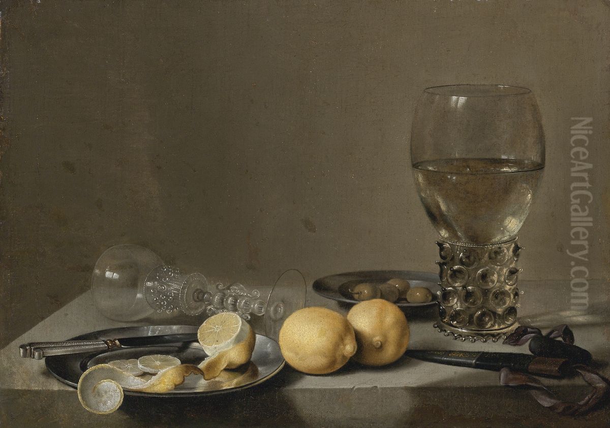 Still life with a roemer, lemons, olives and a overturned glass Oil Painting by Pieter Claesz