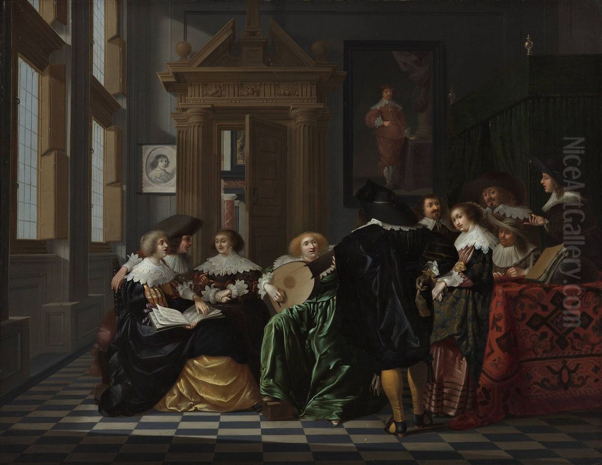 Musical company in a Renaissance room Oil Painting by Dirck Van Delen