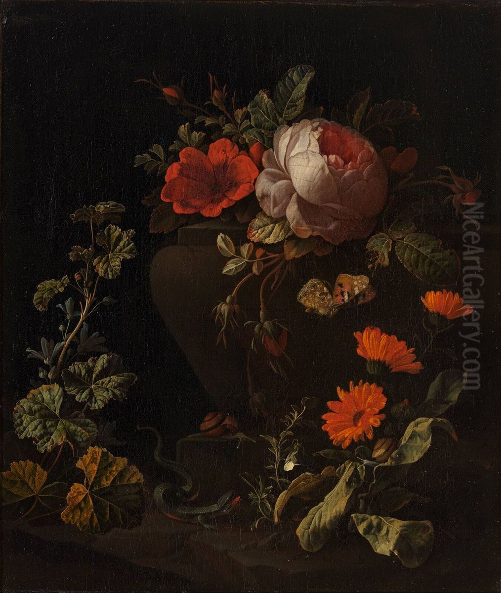 Flowers near a Balustrade Oil Painting by Elias van den Broeck