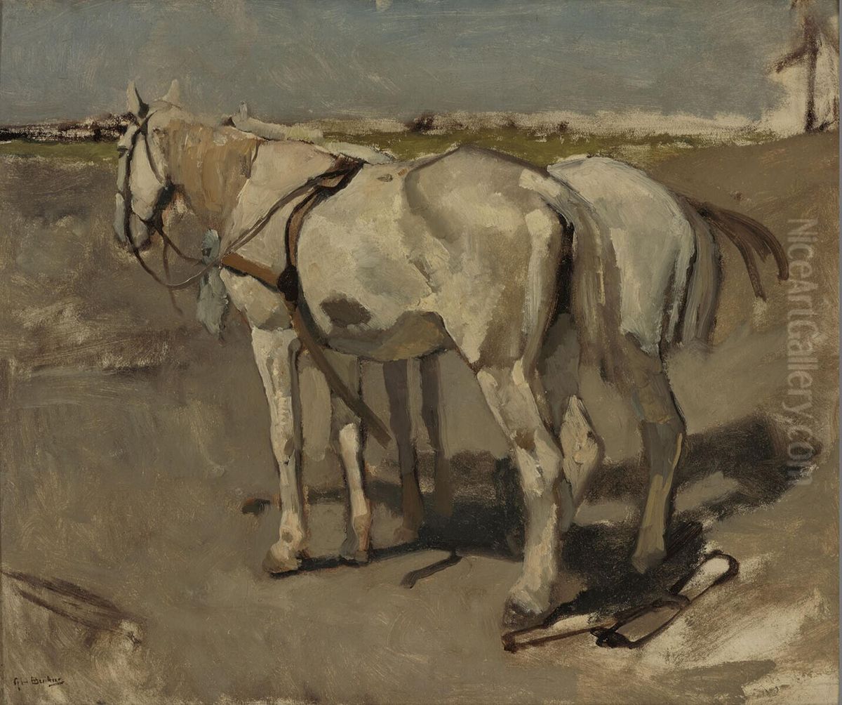 Two White Horses Oil Painting by George Hendrik Breitner