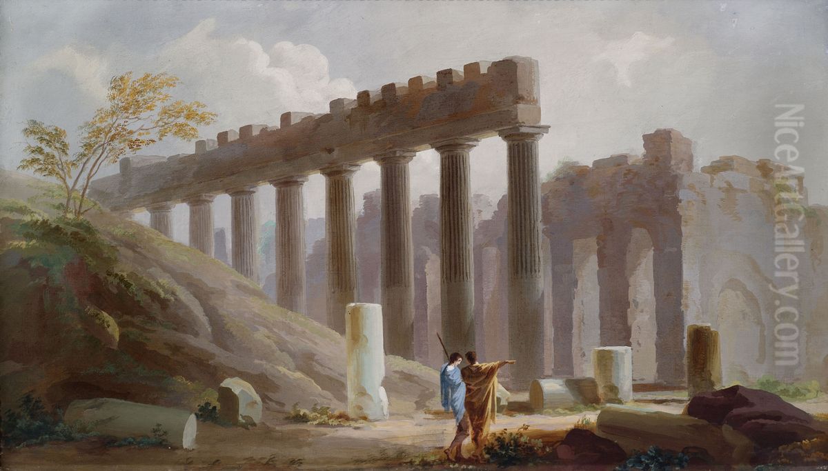 Ruinenlandschaft mit Staffagefiguren. Oil Painting by unknown