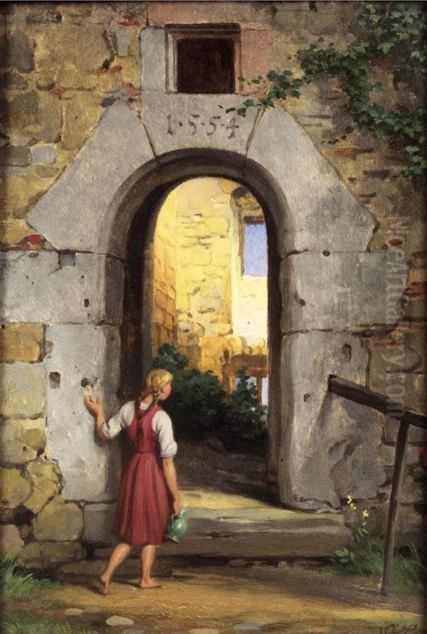 Madchen vor einem Ruineneingang Oil Painting by Carl Ernst von Stetten