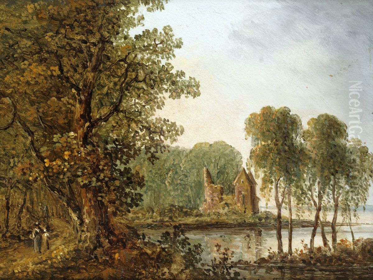 Romantiskt insjolandskap med ruin Oil Painting by Carl Johan Fahlcrantz