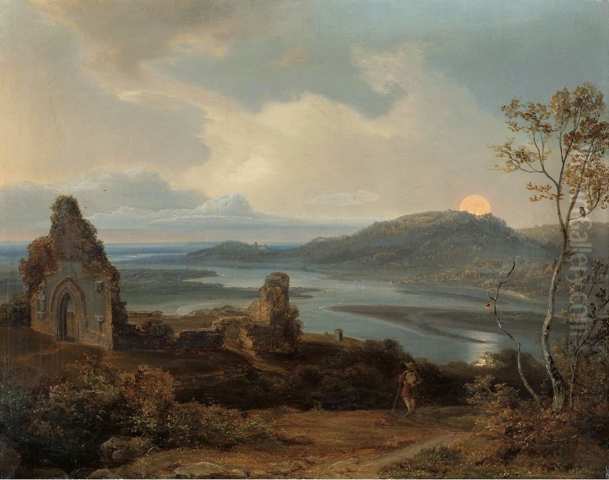 Ruin of a chapel near a river with rising moon Oil Painting by Carl Rottmann