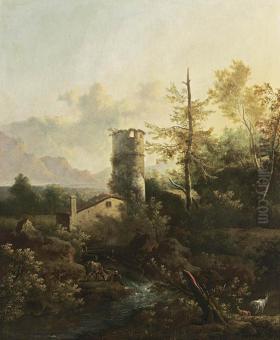 Mountainous Wooded River Landscape Oil Painting by Frederik de Moucheron