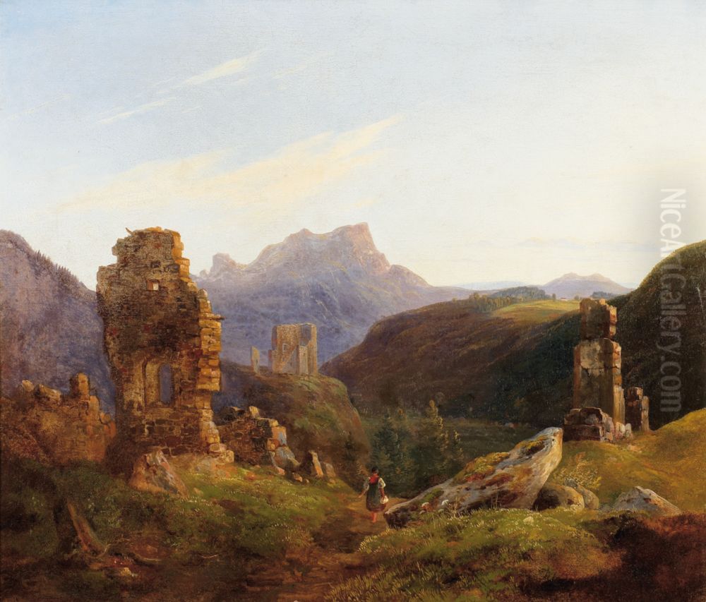 Ruinenlandschaft in den Bergen Oil Painting by Heinrich Burkel