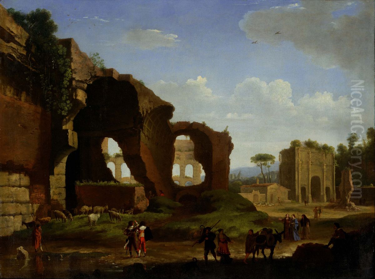 A Roman View of the Ruins of the Temple of Venus and Rome with the Colosseum and the Arch of Constantine Oil Painting by Herman Van Swanevelt