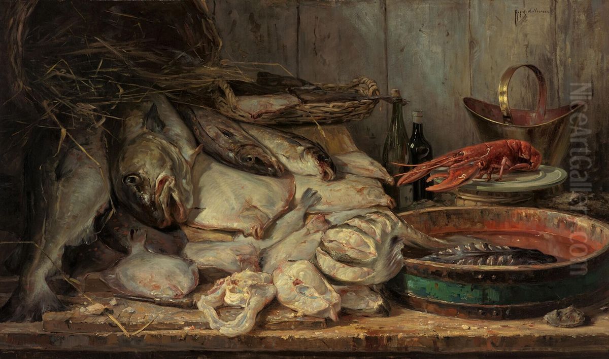 Fish Shop Oil Painting by August Willem van Voorden