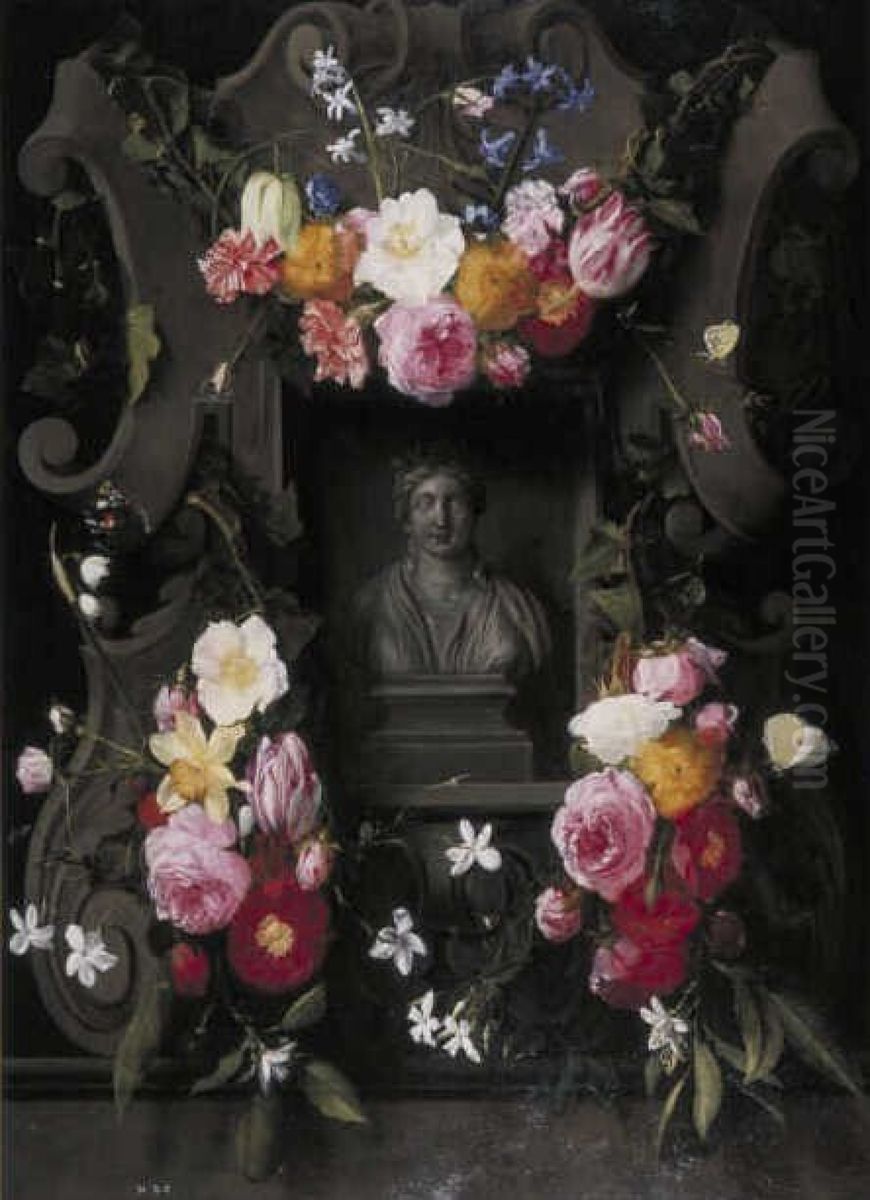 Bloemen op een relief met een nis, waarin een borstbeeld van Flora Oil Painting by Daniel Seghers