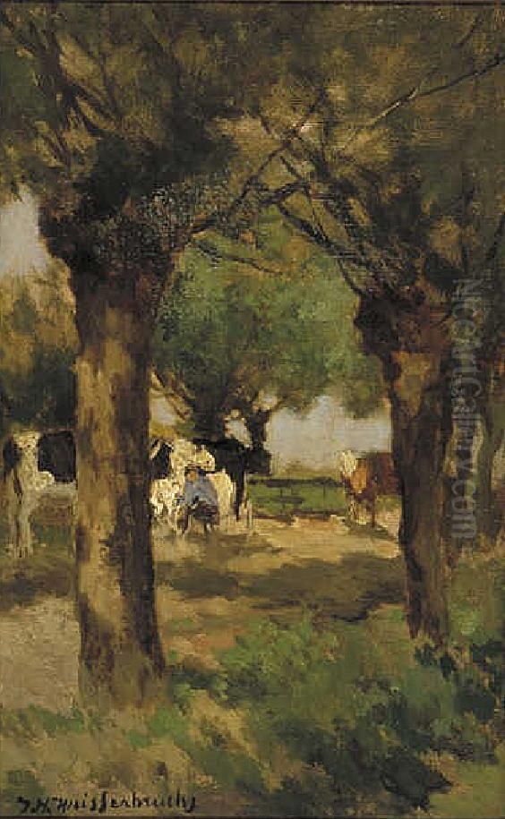 Koeien melken onder de wilgen Oil Painting by Johan Hendrik Weissenbruch