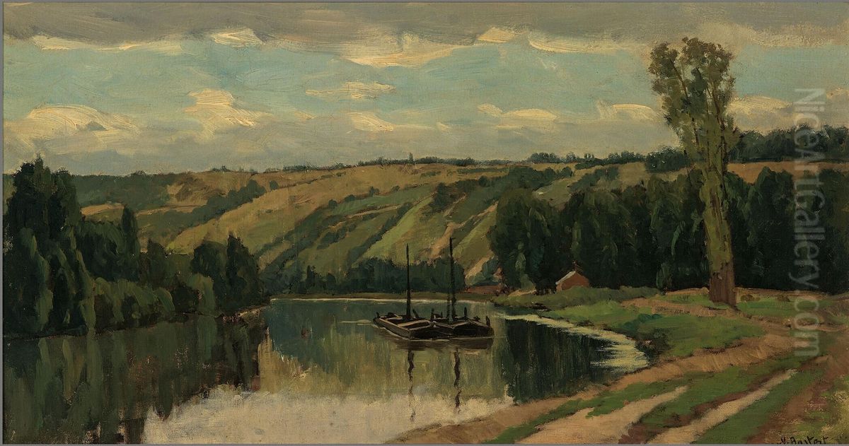 Gezicht op de Seine bij Mantes Oil Painting by Nicolaas Bastert