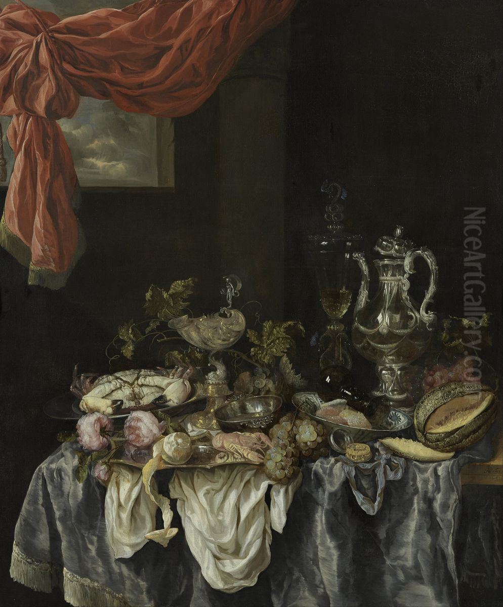 Sumptuous still-life with glass- and silverware, fruit, shellfish and a watch on a dark tablecloth Oil Painting by Abraham Van Beijeren