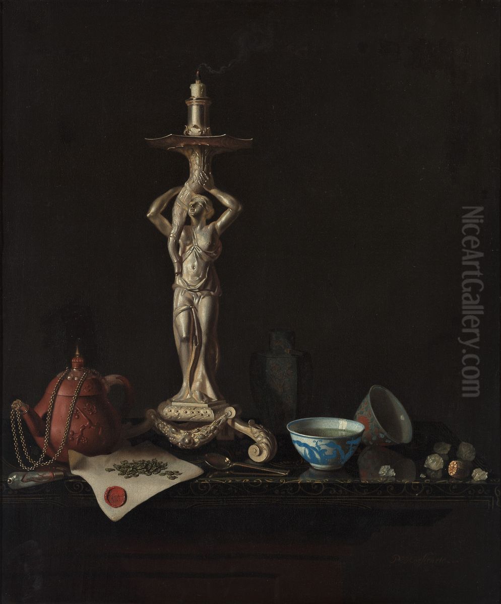 Stilleven met zilveren kandelaar Oil Painting by Pieter Gerritsz van Roestraten