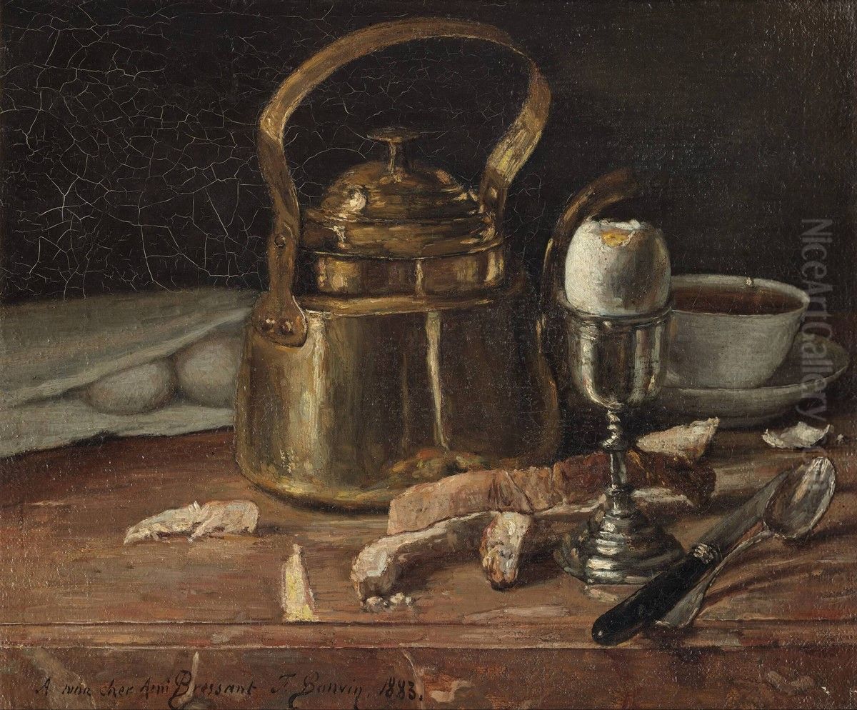 Still life with brass kettle Oil Painting by Francois Bonvin