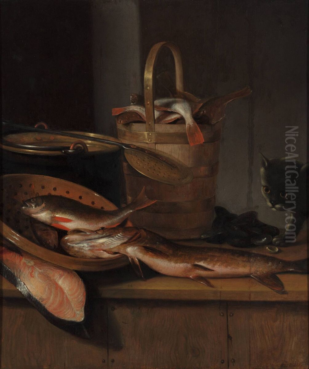 Fish still-life with a young cat Oil Painting by Wallerant Vaillant